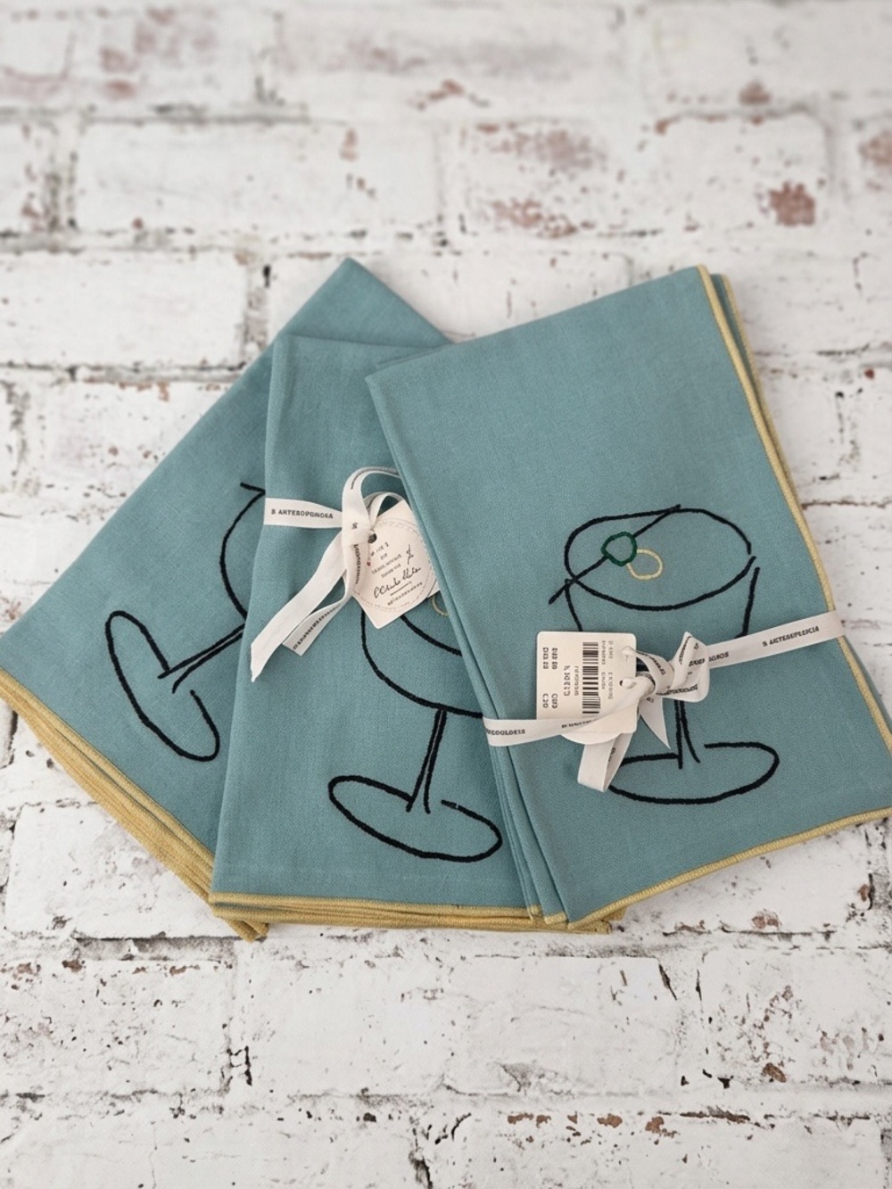 Anthropologie Teal Cloth Dinner Napkins with Cocktail Outline and Gold Trim